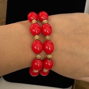 Vintage crown trifari red bead gold tone nugget two strand bracelet